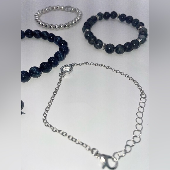 Stackable set of 3 beaded bracelets with 2 silver bracelets. Stretchy adjustable - Picture 3 of 14